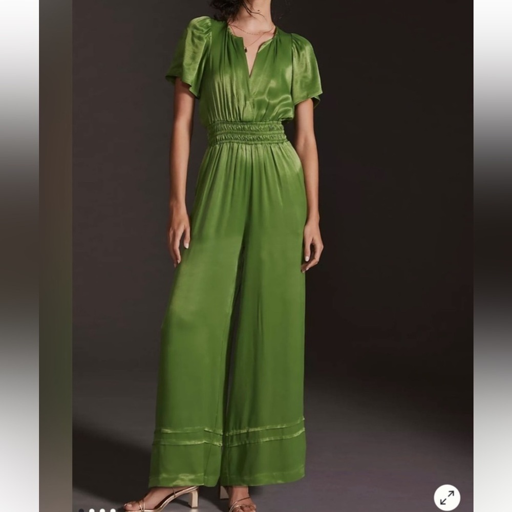 Anthropologie Somerset Wide Leg Satin Green Jumpsuit